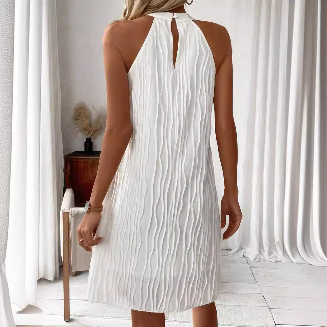 White Halter Backless Flowy Umbrella Midi Dress – Elegant Loose Fit Summer Dress