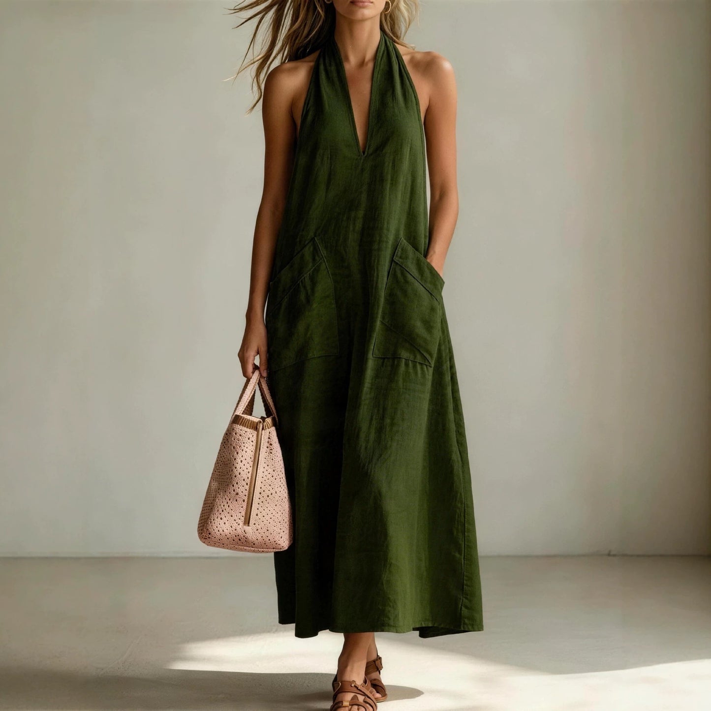 Cotton Halter Neck Deep V-Neck Sleeveless Loose Maxi Dress – Flowy Summer Dress