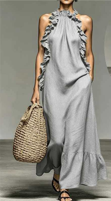 Resort Style Ruffled Halter Neck Sleeveless Maxi Dress – Loose Flowy Open Back Evening Gown