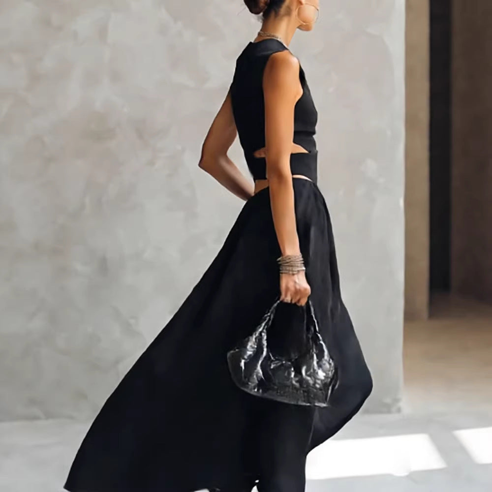 Black Sleeveless Midriff-Baring Elegant Slimming Long Dress – High Waist Cutout Maxi Dress