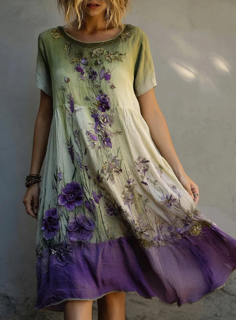 Purple Floral Print Gradient Flowy Linen Midi Dress – Elegant Leisure A-Line Dress