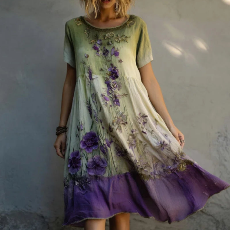 Purple Floral Print Gradient Flowy Linen Midi Dress – Elegant Leisure A-Line Dress