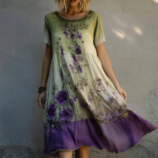 Purple Floral Print Gradient Flowy Linen Midi Dress – Elegant Leisure A-Line Dress