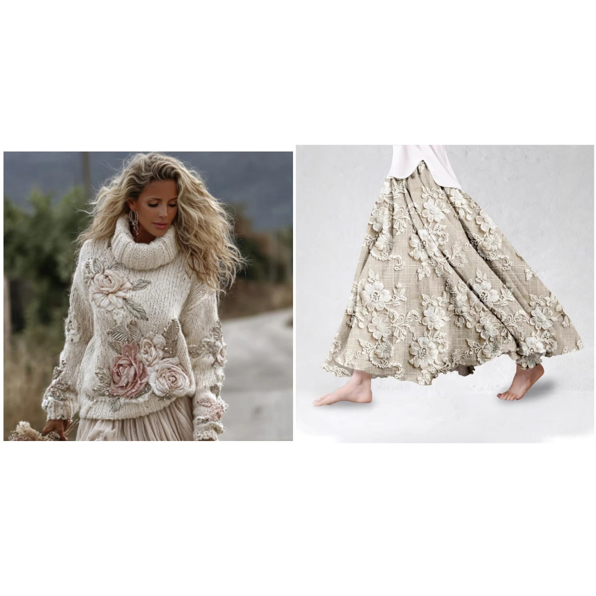 Floral Turtleneck Sweater  – 3D Embossed Pullover