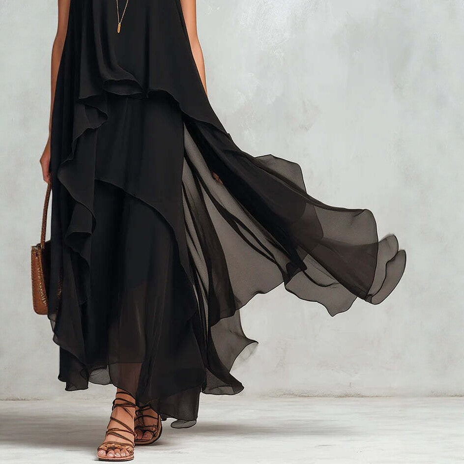 Elegant Black Asymmetrical Chiffon Maxi Dress – Sleeveless Flowing A-Lin