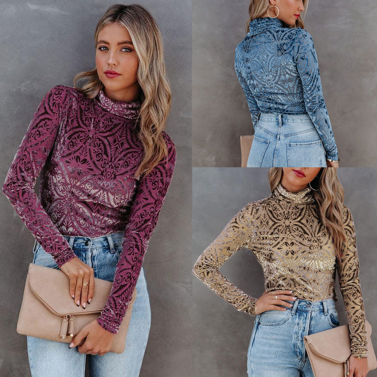 Boho Turtleneck Velvet Burnt Bottoming Shirt Top