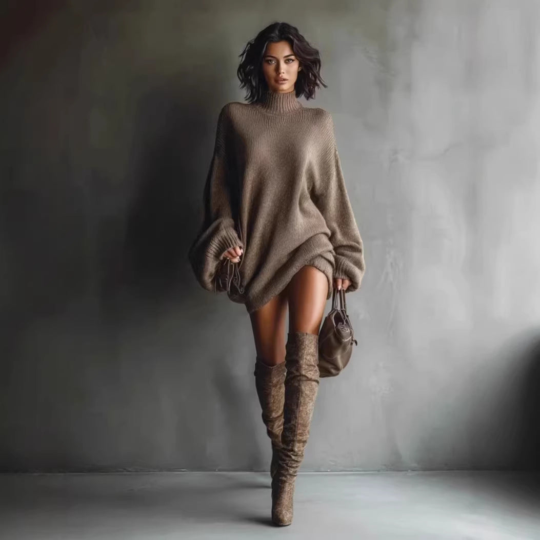 New Autumn Knitted Lantern Sleeve Color Block Dress – Loose Fit Long Sweater Dress
