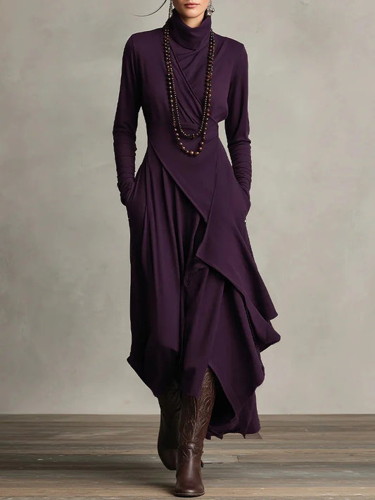 Solid Color Cross Wrap High Neck Long Sleeve Maxi Dress – Elegant Slimming Fit