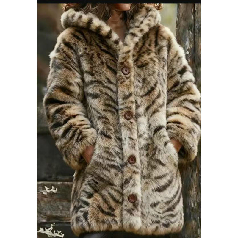 Elegant Chic Tiger Stripe Printed Womens Hooded Jacket – Thick Fleece Lined Winter Coat