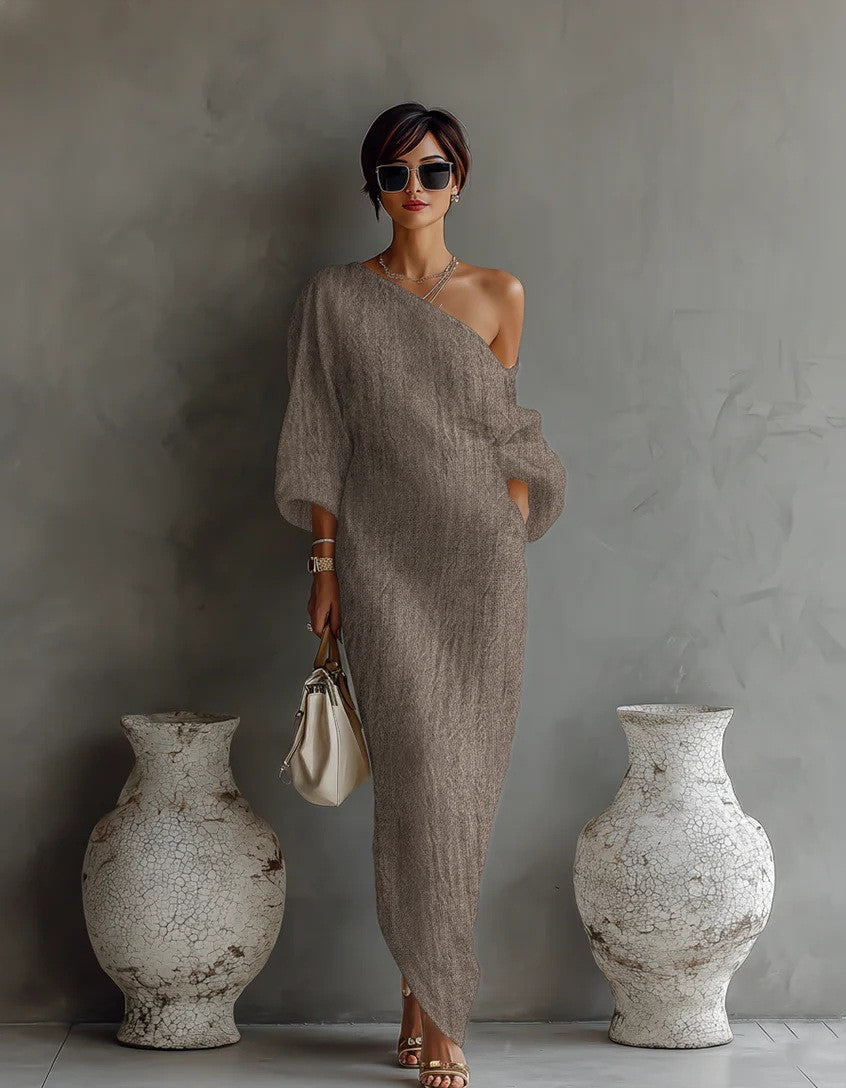 White Off-Shoulder Elegant Long Sleeve Maxi Dress – Flowy Vacation Style