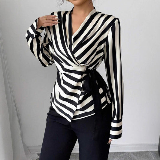 Black Striped Slim Fit Long Sleeve Shirt – Elegant Patchwork Commuter Top