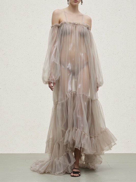 Sheer Off-Shoulder Ruffle Maxi Dress – Romantic Flowy Summer Evening Dress