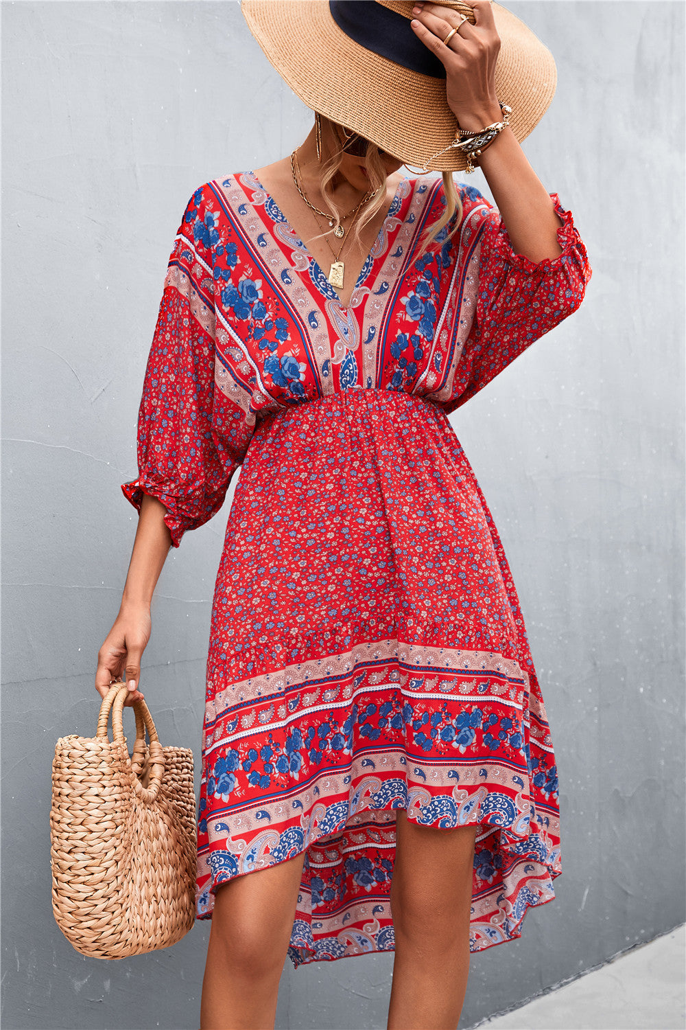 Bohemian V-Neck Floral Backless Midi Dress for Women