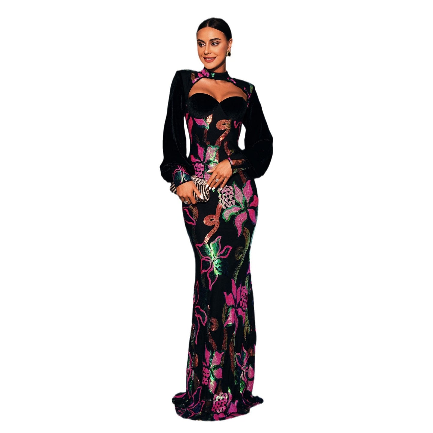 Long Sequined Evening Dress – Elegant High Waist Maxi Dres