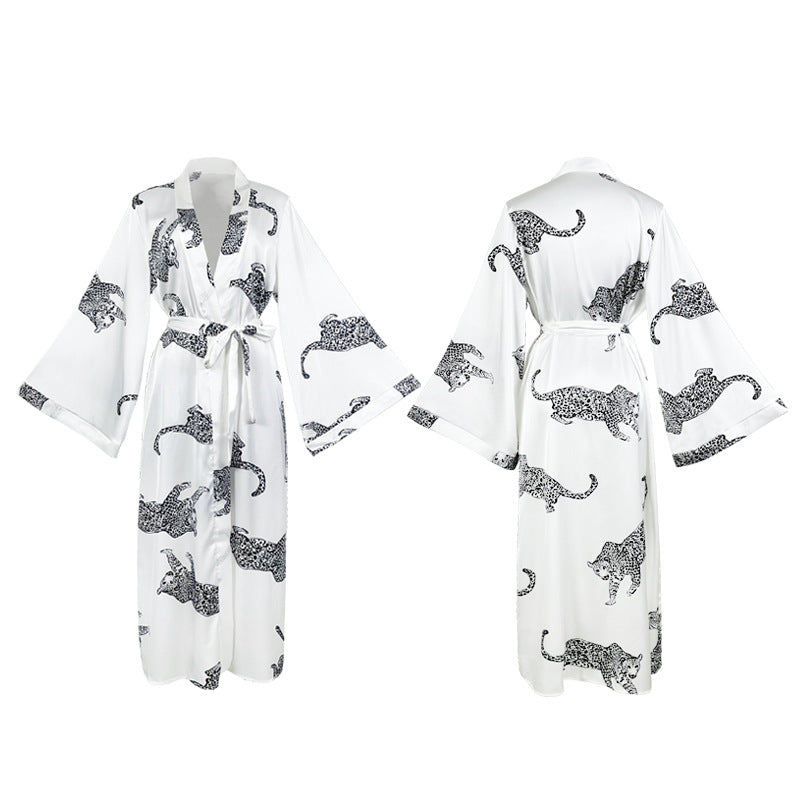 Women's Long Satin Bathrobe Pajamas – Imitation Silk Leopard Print Kimono Robe