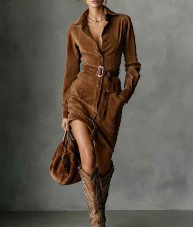 Suede Lapel Single-Breasted Belted Shirt Dress – Long Sleeve Midi in Black, Camel, Coffee, Deep Red