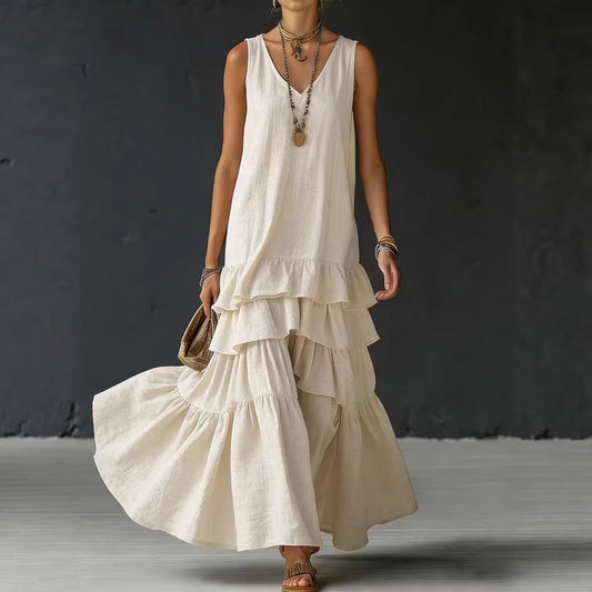 Solid-color Womens Loose-fitting Full-skirted Sleeveless Dress
