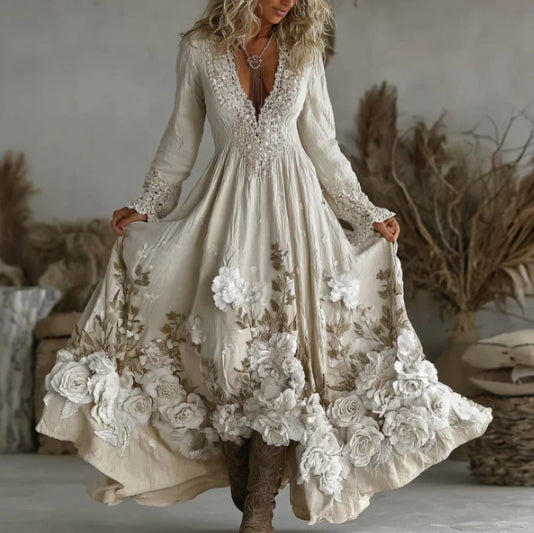 V-Neck Rose Embroidered Bamboo Linen Maxi Dress – Retro Bohemian Loose Long Dress