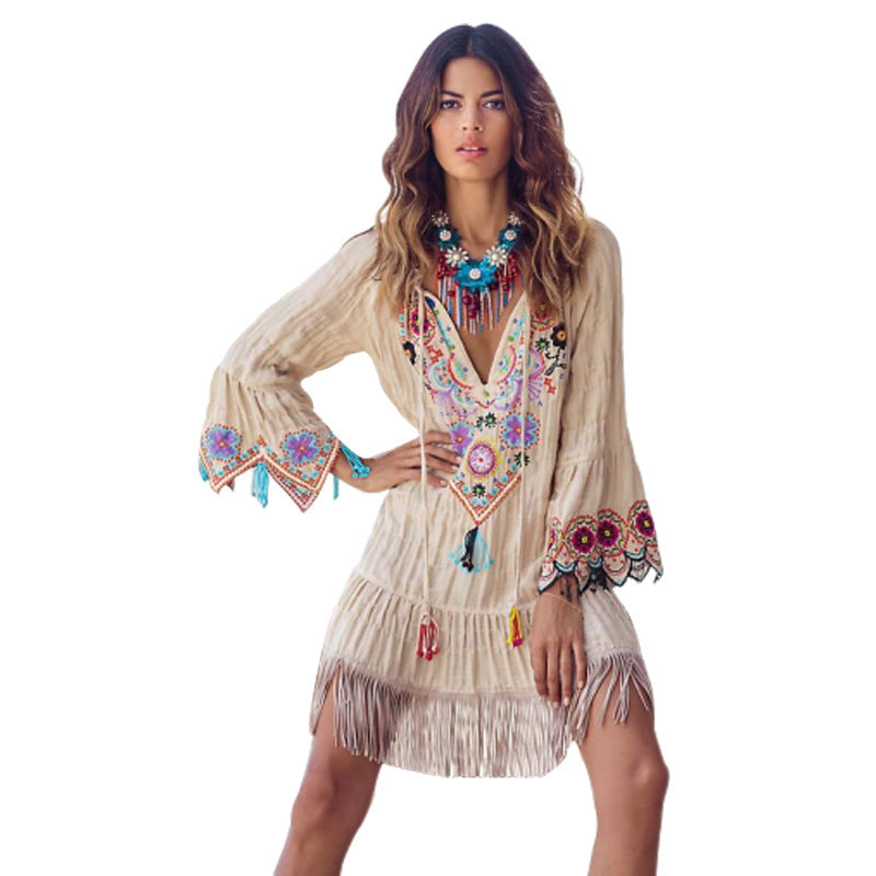 Haute Bohemian Fringed Embroidered Dress For Women