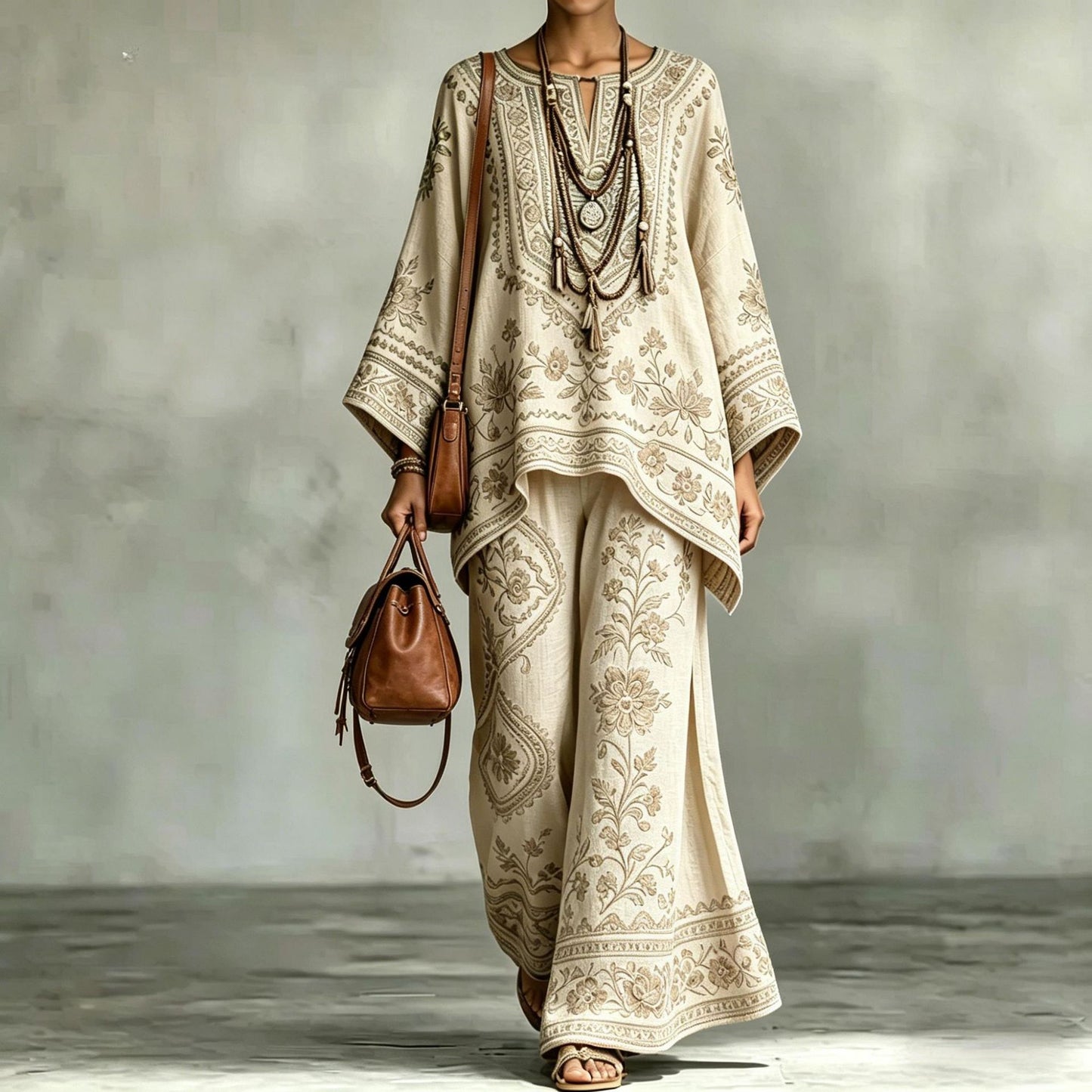 Loose Fit Printed Long Sleeve Top and Pants Set – Comfortable Casual Matching Lounge Set
