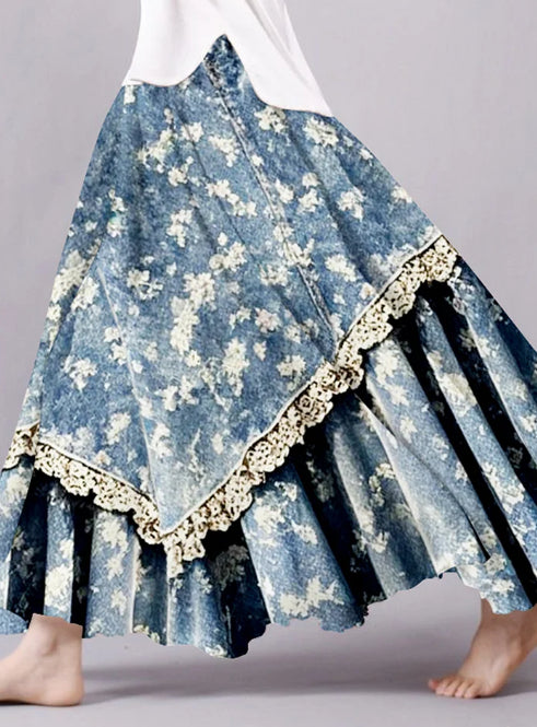 Vintage Floral Lace Patchwork Flowy Midi Skirt – Artistic Blue Boho A-Line Skirt