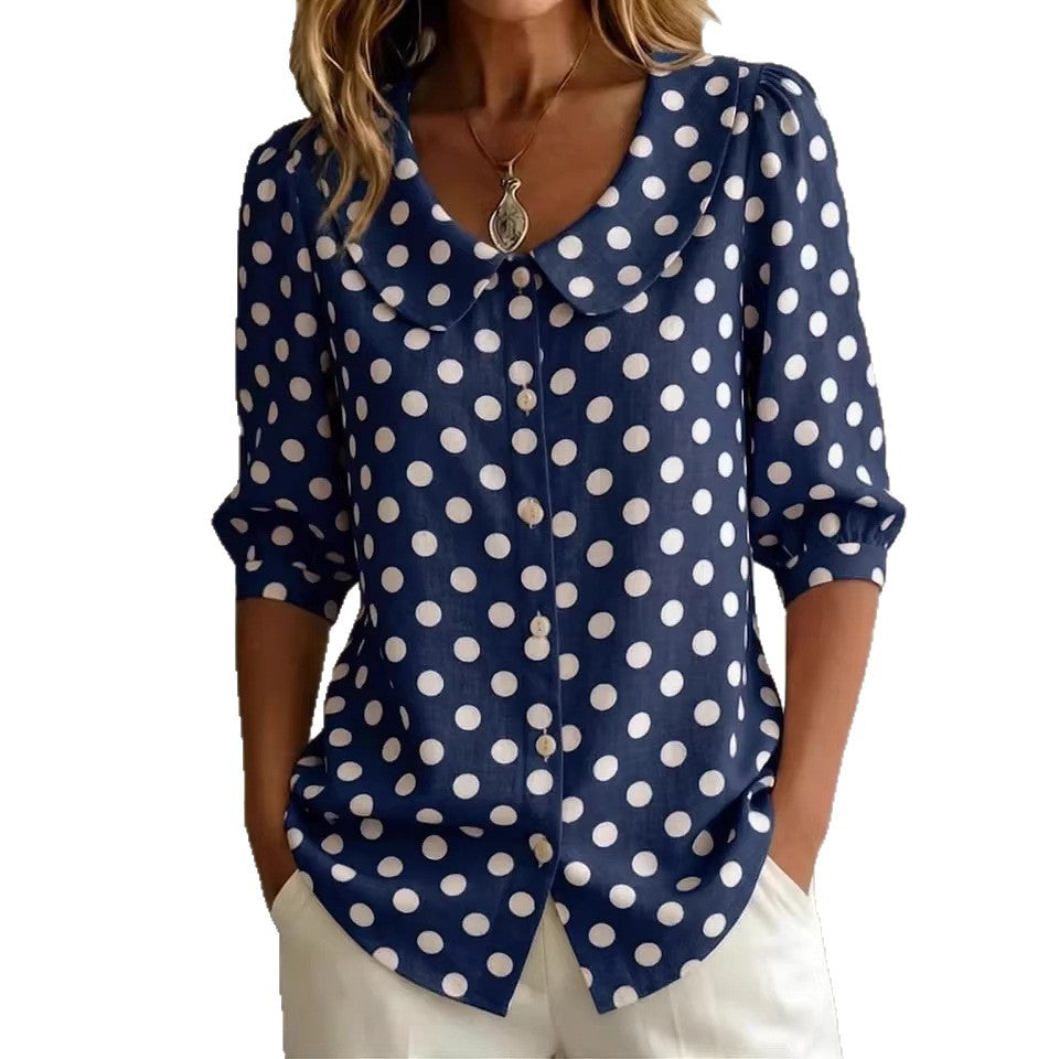 Vintage Polka Dot Loose Fit Cardigan Shirt – Retro Three-Quarter Sleeve Blouse