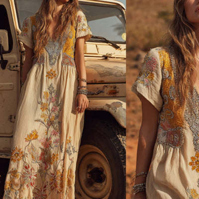 V-Neck Rose Embroidered Bamboo Linen Maxi Dress – Retro Bohemian Loose Long Dress