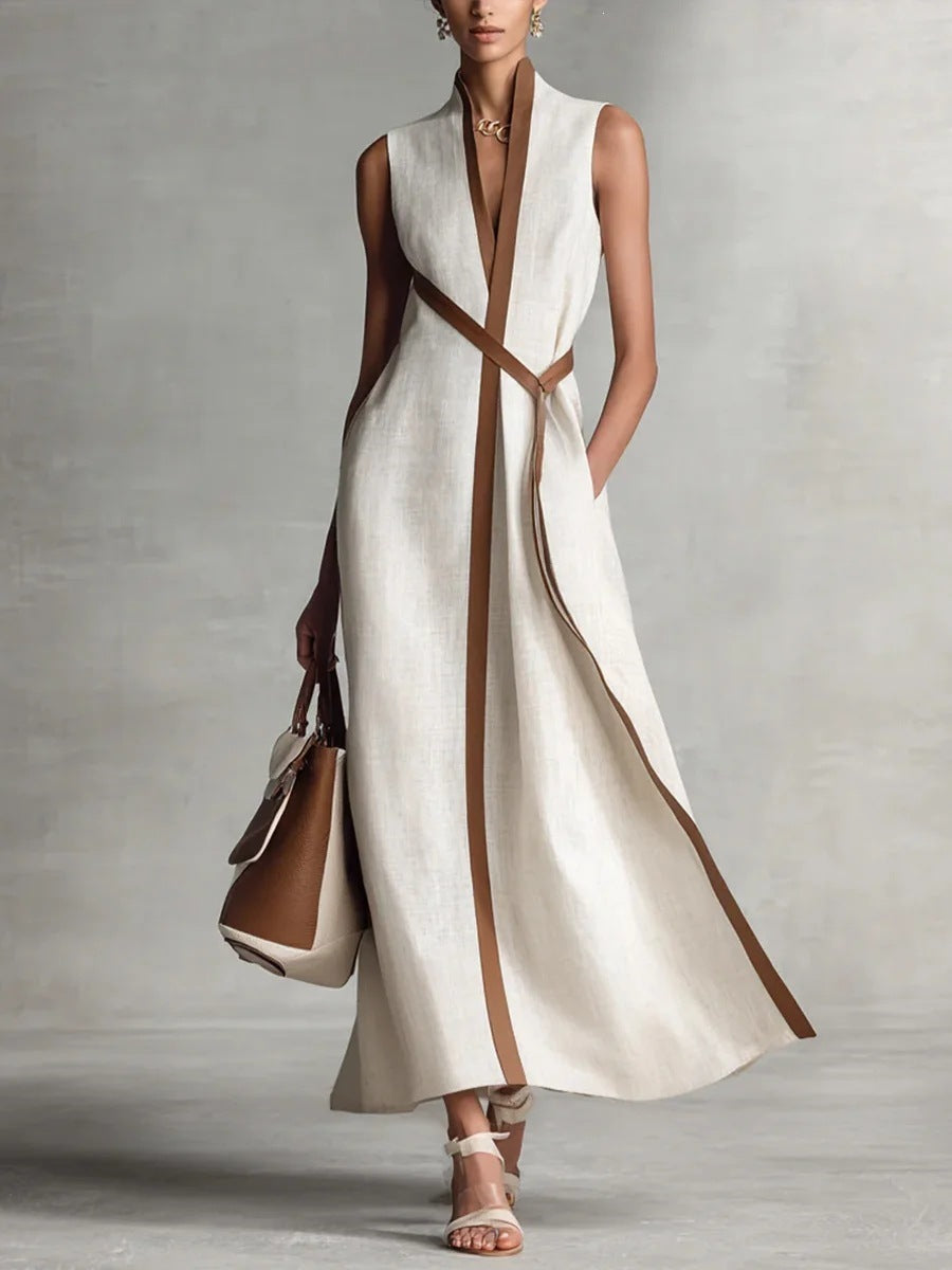 Color Block Sleeveless Stand Collar Linen Blend Dress – Elegant Summer Midi Dress
