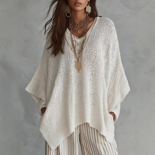 Vintage Hollow-Out Long Sleeve Knit Top – Loose Fit Solid Color Sweater