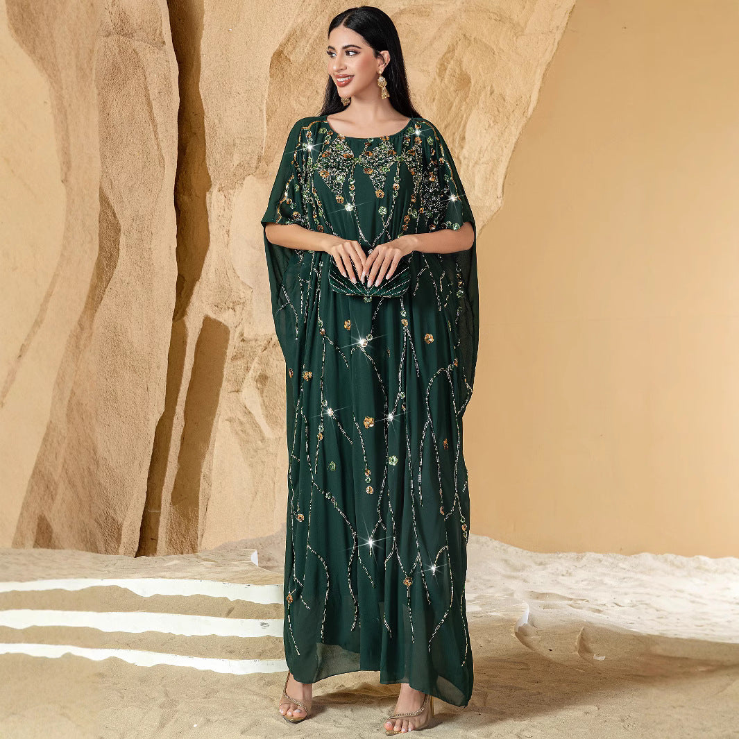 New Elegant Graceful Chiffon Beaded Rhinestone Long Robe – Luxury Loungewear Kimono