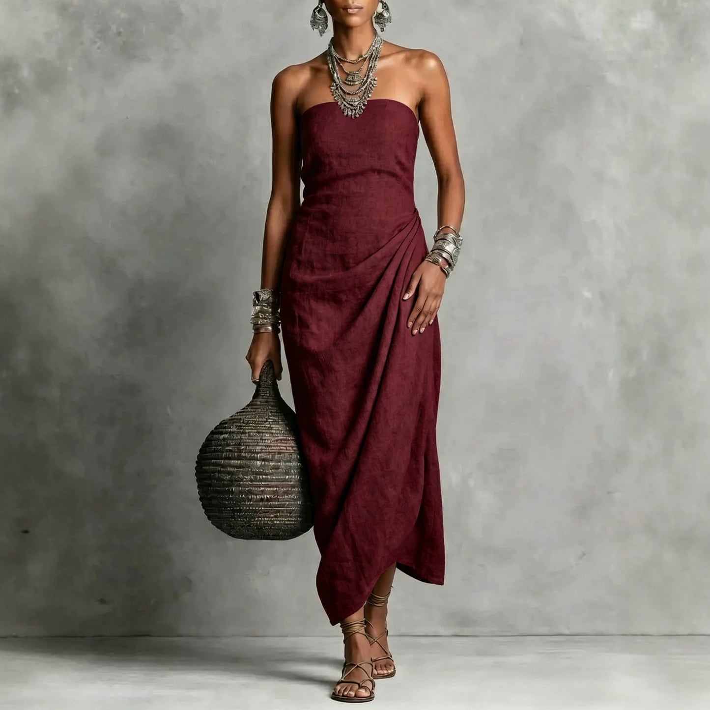 Strapless Pleated Linen Cotton Dress