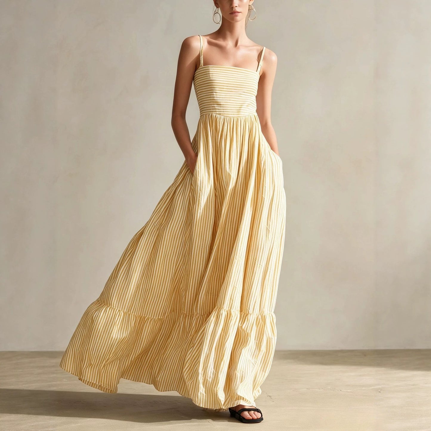 Striped Sleeveless Thin Strap Maxi Dress – High Waist Flowing Long Dress