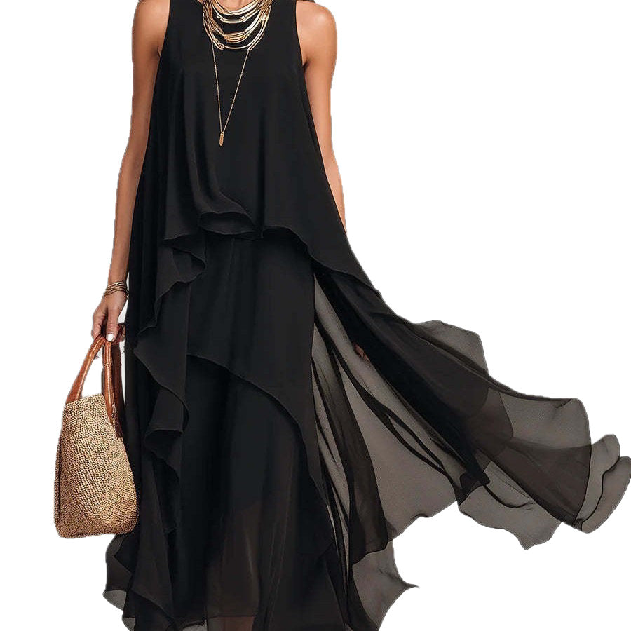 Elegant Black Asymmetrical Chiffon Maxi Dress – Sleeveless Flowing A-Lin