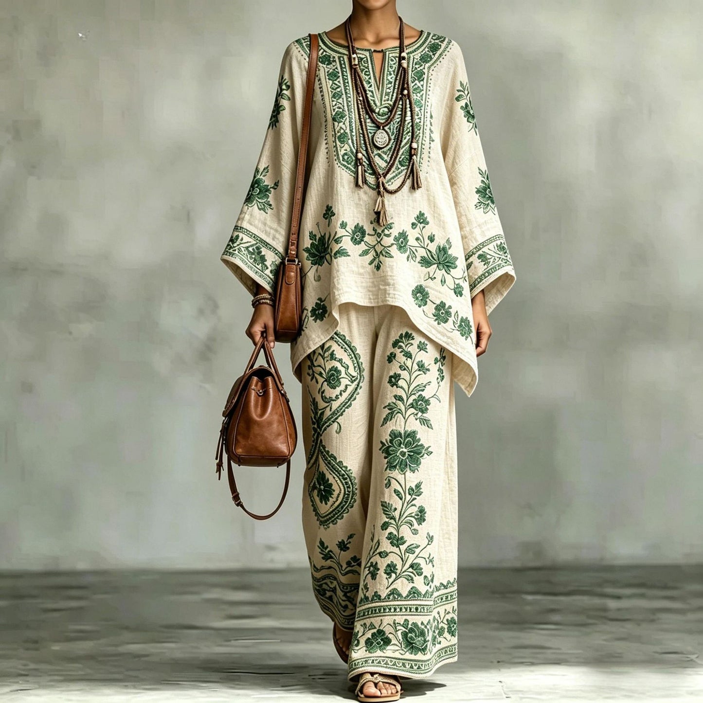 Loose Fit Printed Long Sleeve Top and Pants Set – Comfortable Casual Matching Lounge Set