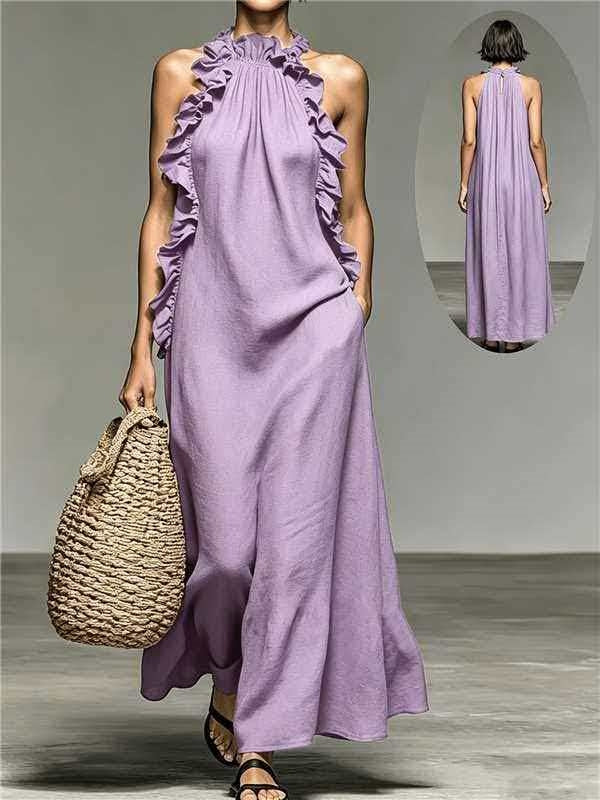 Resort Style Ruffled Halter Neck Sleeveless Maxi Dress – Loose Flowy Open Back Evening Gown