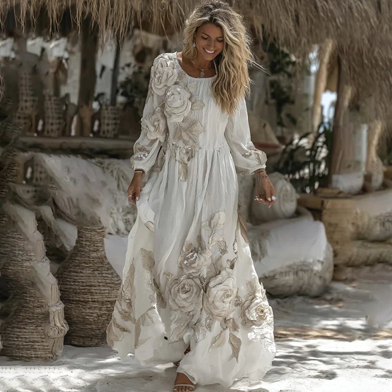 V-Neck Rose Embroidered Bamboo Linen Maxi Dress – Retro Bohemian Loose Long Dress