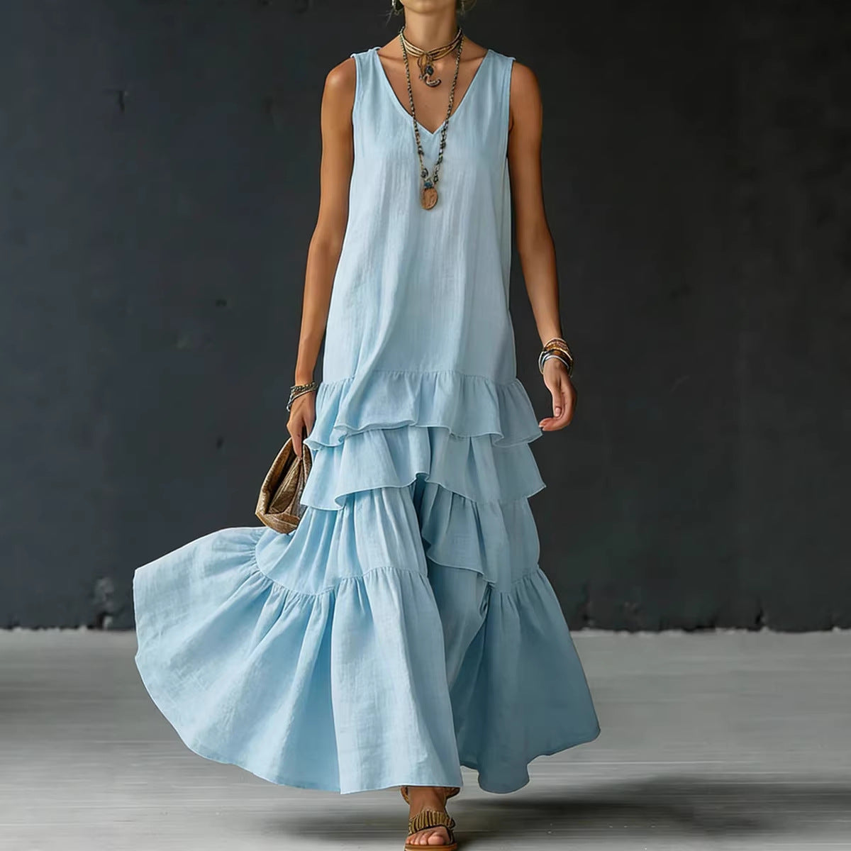 Solid-color Womens Loose-fitting Full-skirted Sleeveless Dress