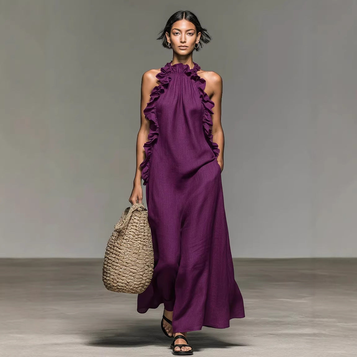 Resort Style Ruffled Halter Neck Sleeveless Maxi Dress – Loose Flowy Open Back Evening Gown