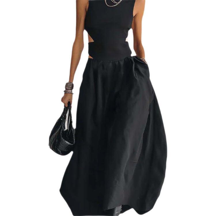 Black Sleeveless Midriff-Baring Elegant Slimming Long Dress – High Waist Cutout Maxi Dress