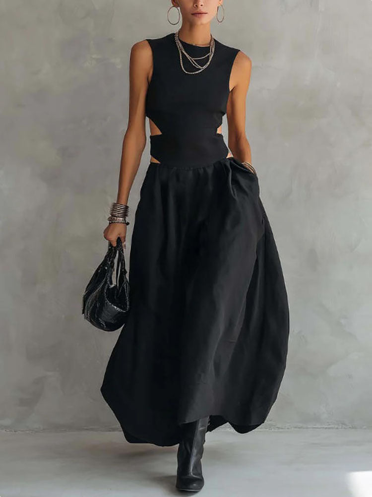 Black Sleeveless Midriff-Baring Elegant Slimming Long Dress – High Waist Cutout Maxi Dress