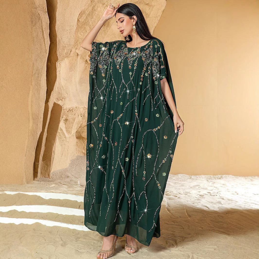 New Elegant Graceful Chiffon Beaded Rhinestone Long Robe – Luxury Loungewear Kimono