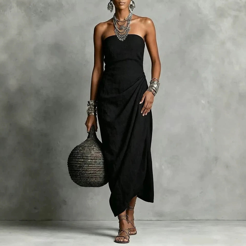 Strapless Pleated Linen Cotton Dress