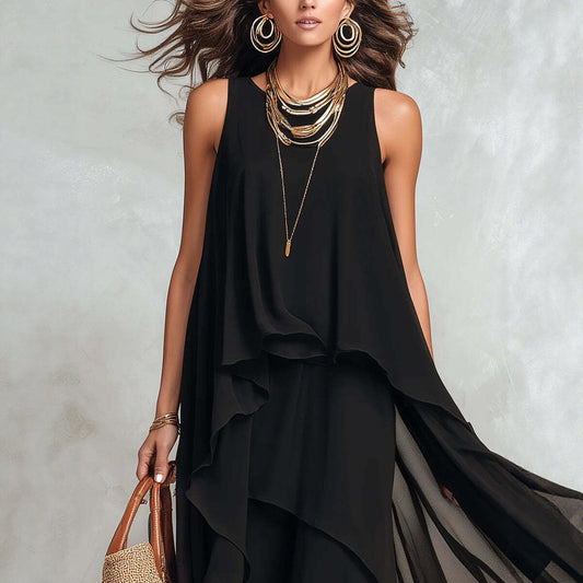 Elegant Black Asymmetrical Chiffon Maxi Dress – Sleeveless Flowing A-Lin