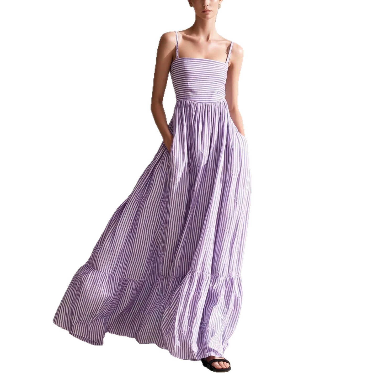 Striped Sleeveless Thin Strap Maxi Dress – High Waist Flowing Long Dress