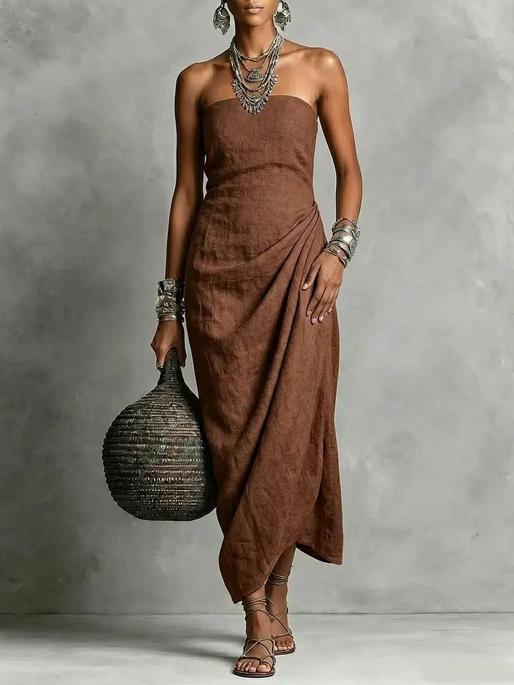 Strapless Pleated Linen Cotton Dress
