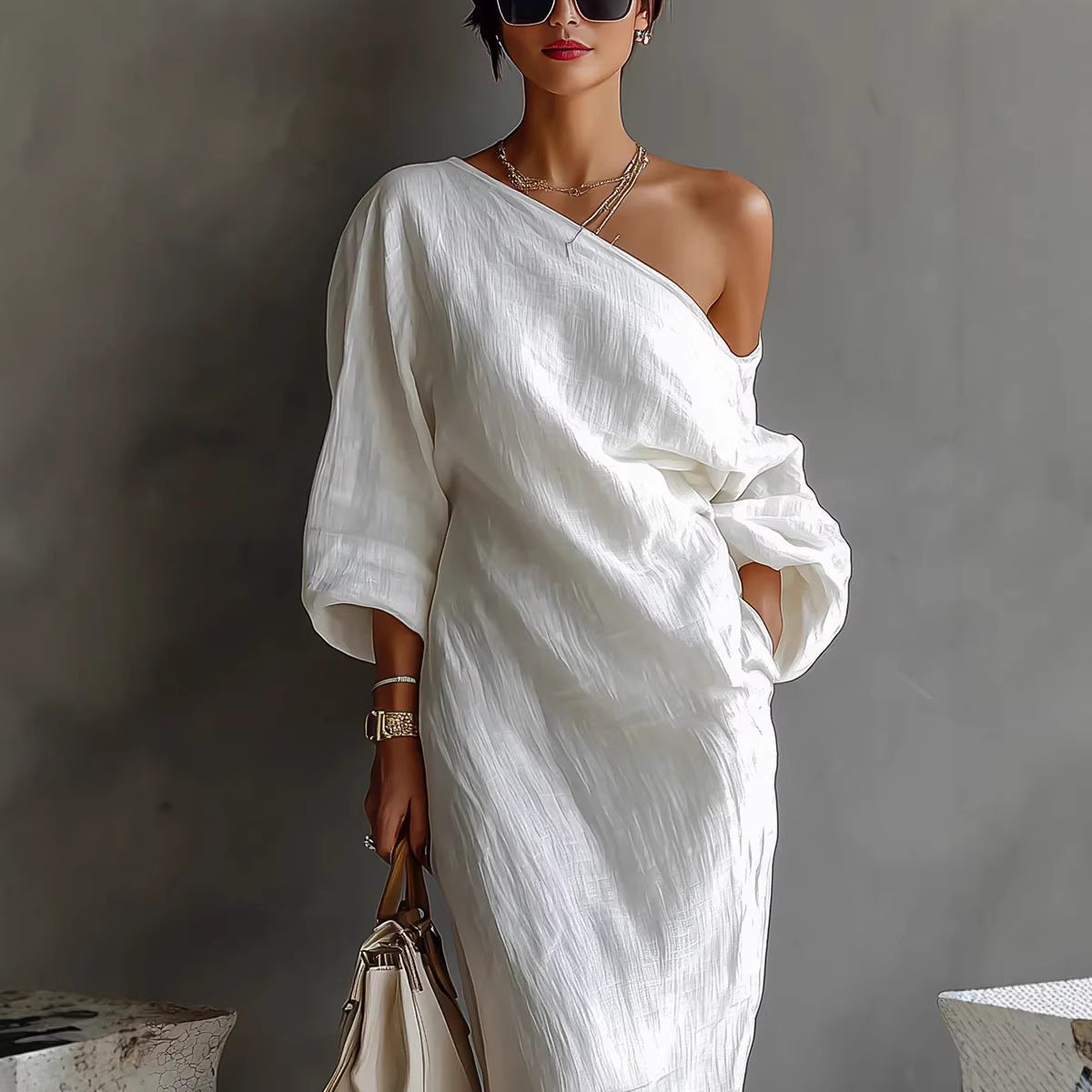 White Off-Shoulder Elegant Long Sleeve Maxi Dress – Flowy Vacation Style