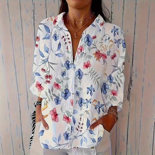 Long Sleeve Casual Women’s Shirt – Floral Plant Loose Fit Button-Up Top