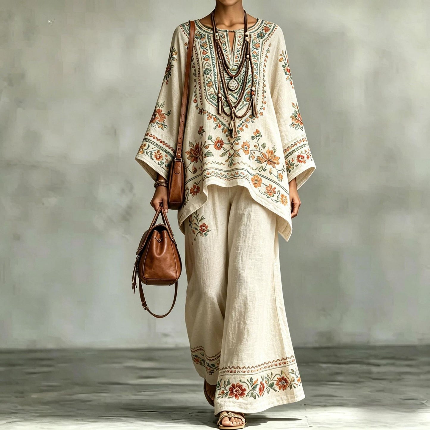 Loose Fit Printed Long Sleeve Top and Pants Set – Comfortable Casual Matching Lounge Set