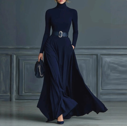 Navy Blue Long Sleeve High Neck Maxi Dress – Slim Waist Elegant Formal Dress