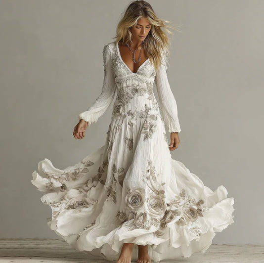 V-Neck Rose Embroidered Bamboo Linen Maxi Dress – Retro Bohemian Loose Long Dress